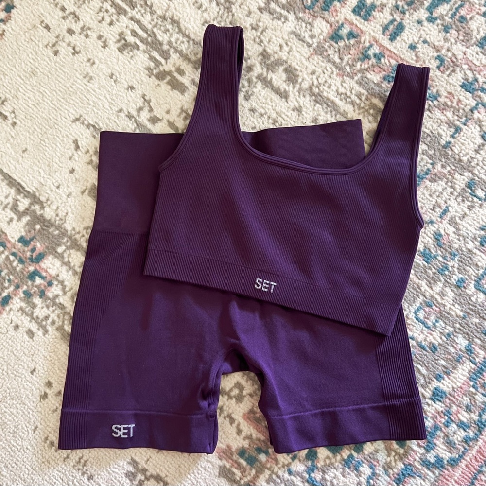 SET ACTIVE PURPLE SCULPTFLEX BOX CUT BRA + BIKE SHORTS (small)